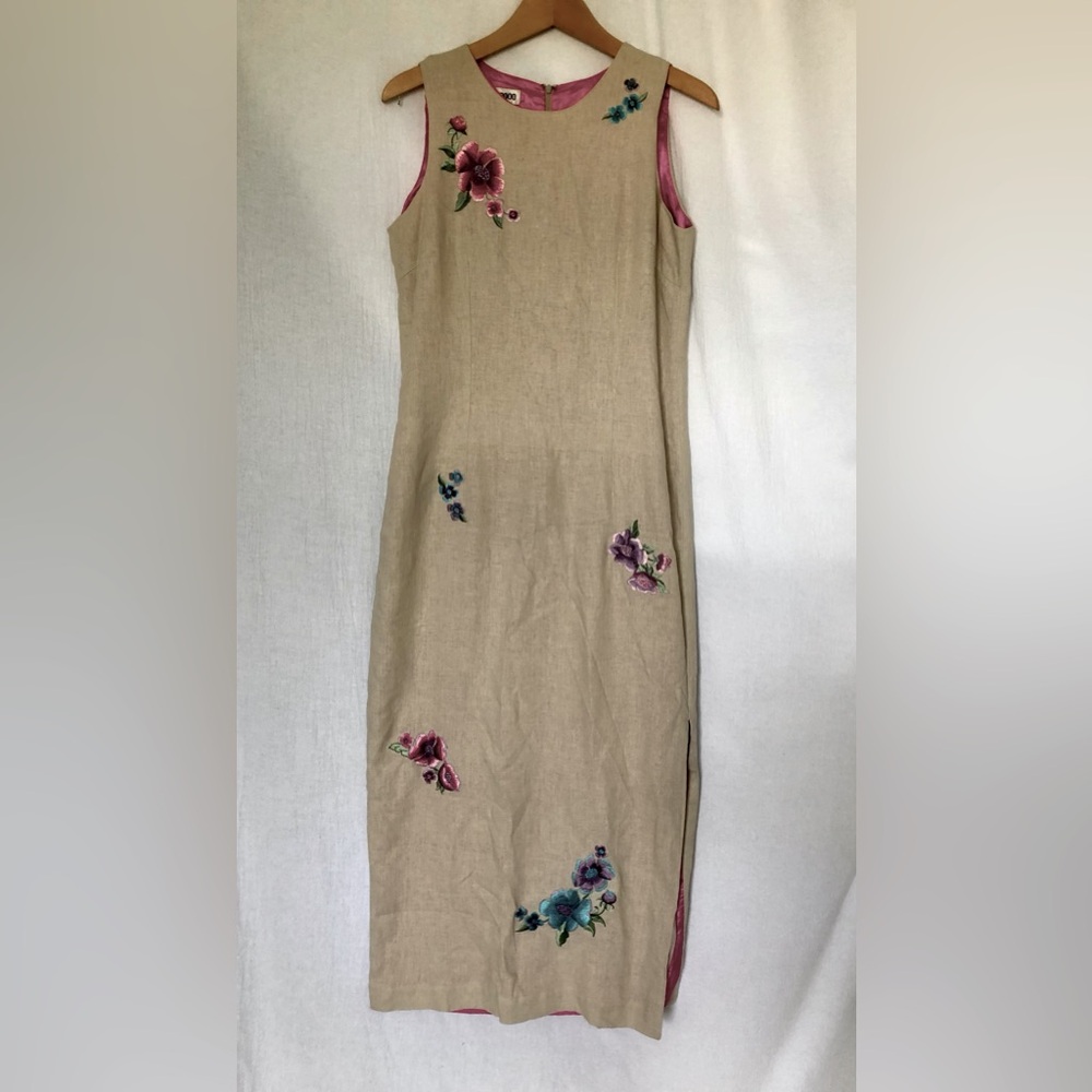 NWT Vintage Y2K Linen Maxi Sheath Dress With Floral Embroidery Size 10